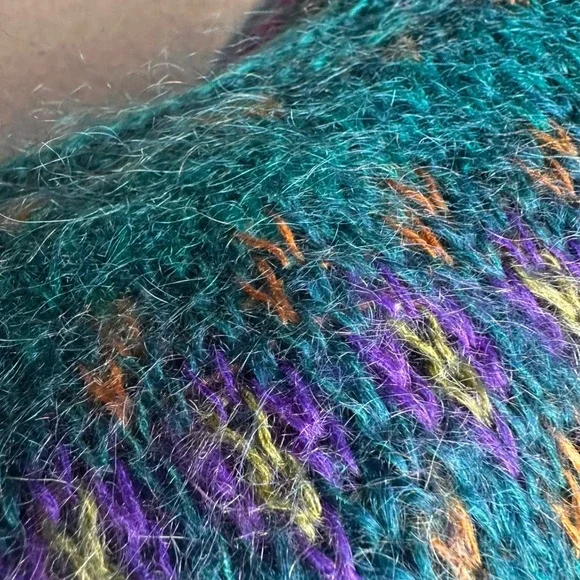 Vintage 80s Michelle Stuart Mohair Wool Fair Isle Sweater‎ Teal Woman Sz M - Picture 10 of 16